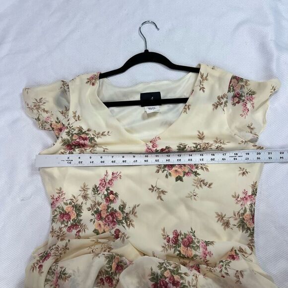 Vintage 90’s Pale Yellow‎ Pink Rose Print Flutter Sleeve Asymmetrical Hem Dress - Picture 4 of 7